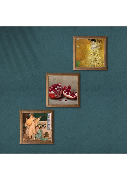 Gustav Klimt, İki Müzisyen Kız, Nar Taş Duvar Tablosu Ahşap Çerçeveli Duvar Dekoru 3 Parça Tablo Seti Wall Art W3-1507