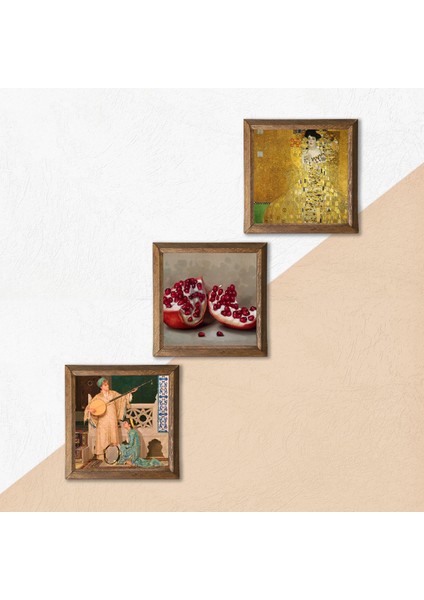 Gustav Klimt, İki Müzisyen Kız, Nar Taş Duvar Tablosu Ahşap Çerçeveli Duvar Dekoru 3 Parça Tablo Seti Wall Art W3-1507