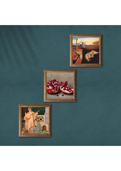 Salvador Dalí Belleğin Azmi, İki Müzisyen Kız Tablosu, Nar Taş Duvar Tablosu Ahşap Çerçeveli Duvar Dekoru 3 Parça Tablo Seti Wall Art W3-1520