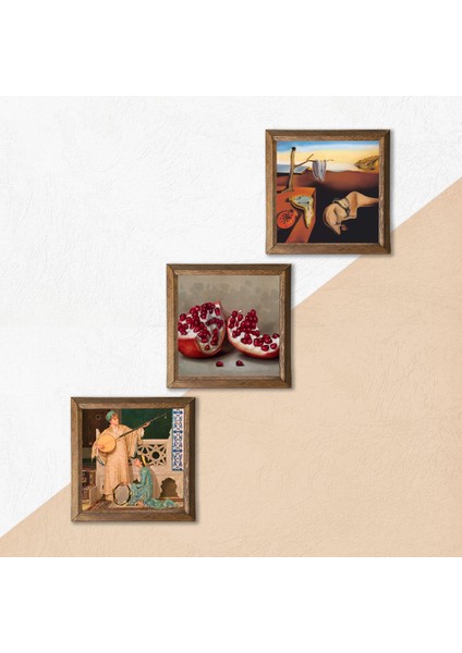 Salvador Dalí Belleğin Azmi, İki Müzisyen Kız Tablosu, Nar Taş Duvar Tablosu Ahşap Çerçeveli Duvar Dekoru 3 Parça Tablo Seti Wall Art W3-1520
