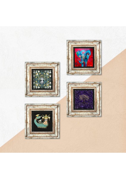 Hayat Ağacı, Fil, Şahmeran Çerçeveli Taş Duvar Tablosu 4’lü Set - Dekoratif Modern Sanat, Ev ve Ofis Dekoru |TK4-1300| indirimleri