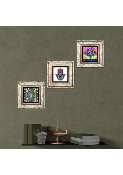 Hayat Ağacı, Fatma Ana Eli (Hamsa) Taş Duvar Tablosu Çerçeveli Duvar Dekoru 3 Parça Tablo Seti Wall Art T3-213