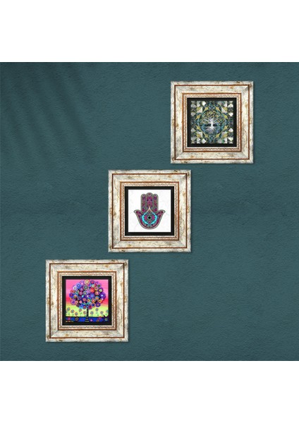 Hayat Ağacı, Fatma Ana Eli (Hamsa) Taş Duvar Tablosu Çerçeveli Duvar Dekoru 3 Parça Tablo Seti Wall Art T3-213 fırsatları
