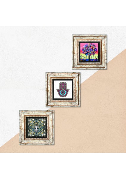 Hayat Ağacı, Fatma Ana Eli (Hamsa) Taş Duvar Tablosu Çerçeveli Duvar Dekoru 3 Parça Tablo Seti Wall Art T3-213 indirimleri