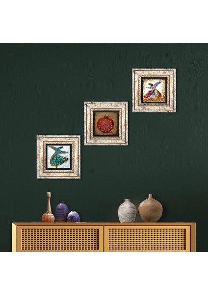 Bereket Duası, Semazen Taş Duvar Tablosu Çerçeveli Duvar Dekoru 3 Parça Tablo Seti Wall Art T3-229