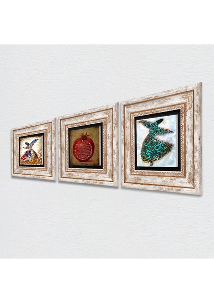 Bereket Duası, Semazen Taş Duvar Tablosu Çerçeveli Duvar Dekoru 3 Parça Tablo Seti Wall Art T3-229