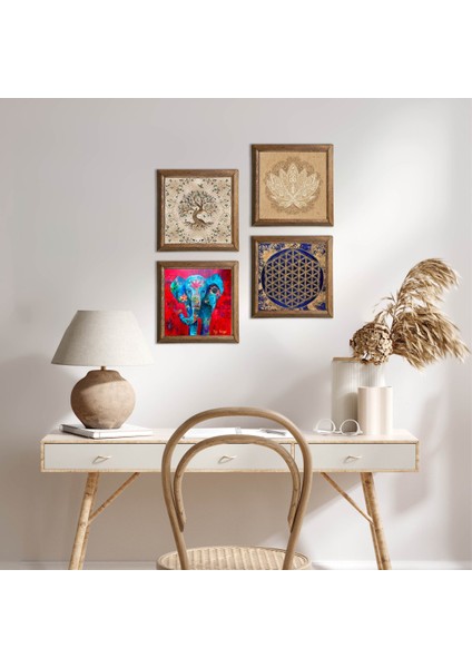 Fil, Lotus Çiçeği, Yaşam Çiçeği, Hayat Ağacı Taş Duvar Tablosu Ahşap Çerçeveli Duvar Dekoru 4 Parça Tablo Seti Wall Art W4-818