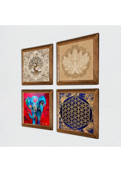 Fil, Lotus Çiçeği, Yaşam Çiçeği, Hayat Ağacı Taş Duvar Tablosu Ahşap Çerçeveli Duvar Dekoru 4 Parça Tablo Seti Wall Art W4-818