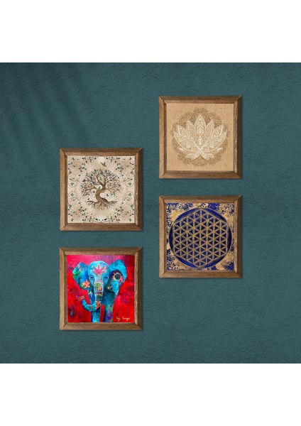 Fil, Lotus Çiçeği, Yaşam Çiçeği, Hayat Ağacı Taş Duvar Tablosu Ahşap Çerçeveli Duvar Dekoru 4 Parça Tablo Seti Wall Art W4-818