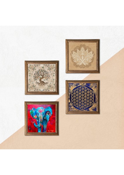 Fil, Lotus Çiçeği, Yaşam Çiçeği, Hayat Ağacı Taş Duvar Tablosu Ahşap Çerçeveli Duvar Dekoru 4 Parça Tablo Seti Wall Art W4-818