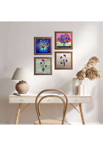 Ebru Sanatı, Hayat Ağacı Taş Duvar Tablosu Ahşap Çerçeveli Duvar Dekoru 4 Parça Tablo Seti Wall Art W4-844