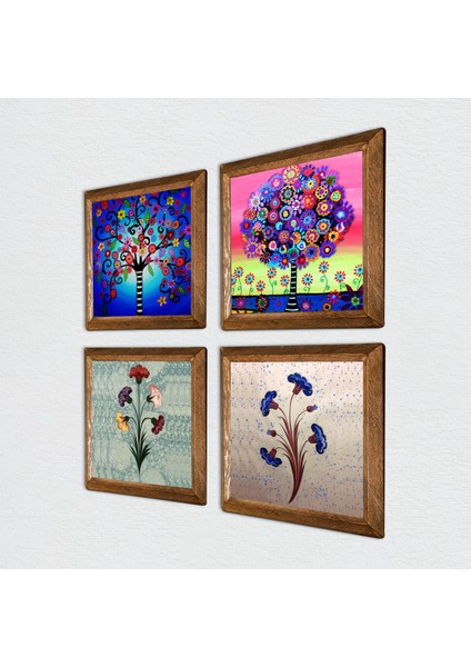 Ebru Sanatı, Hayat Ağacı Taş Duvar Tablosu Ahşap Çerçeveli Duvar Dekoru 4 Parça Tablo Seti Wall Art W4-844