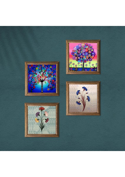 Ebru Sanatı, Hayat Ağacı Taş Duvar Tablosu Ahşap Çerçeveli Duvar Dekoru 4 Parça Tablo Seti Wall Art W4-844