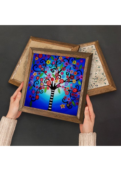 Ebru Sanatı, Hayat Ağacı Taş Duvar Tablosu Ahşap Çerçeveli Duvar Dekoru 4 Parça Tablo Seti Wall Art W4-844