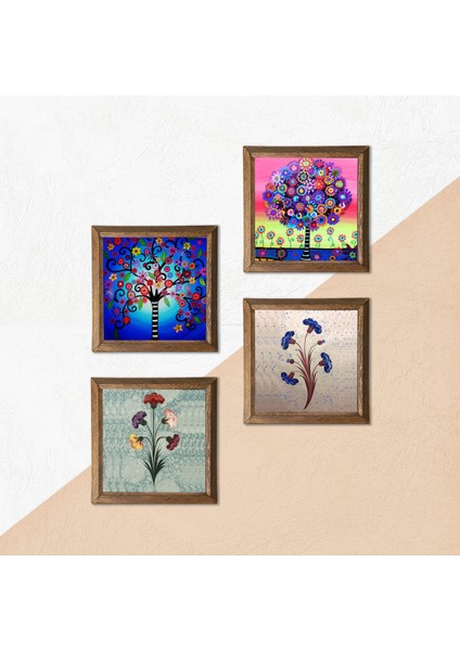 Ebru Sanatı, Hayat Ağacı Taş Duvar Tablosu Ahşap Çerçeveli Duvar Dekoru 4 Parça Tablo Seti Wall Art W4-844