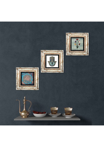 Ebru Sanatı, Yaşam Çiçeği, Fatma Ana Eli (Hamsa) Taş Duvar Tablosu Çerçeveli Duvar Dekoru 3 Parça Tablo Seti Wall Art T3-330