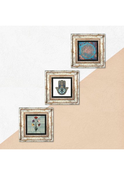 Ebru Sanatı, Yaşam Çiçeği, Fatma Ana Eli (Hamsa) Taş Duvar Tablosu Çerçeveli Duvar Dekoru 3 Parça Tablo Seti Wall Art T3-330