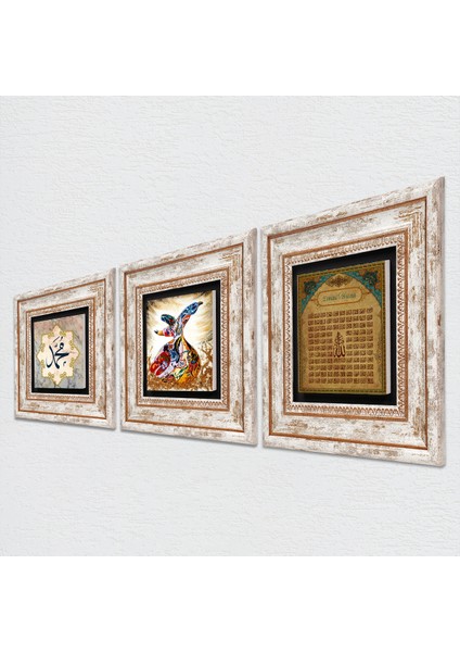 Hz. Muhammed Lafzı, Esma'ül Hüsna, Semazen Taş Duvar Tablosu Çerçeveli Duvar Dekoru 3 Parça Tablo Seti Wall Art T3-354 fiyatları