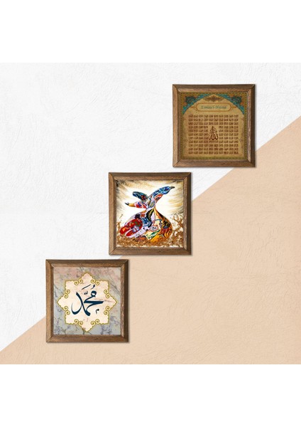 Hz. Muhammed Lafzı, Esma'ül Hüsna, Semazen Taş Duvar Tablosu Ahşap Çerçeveli Duvar Dekoru 3 Parça Tablo Seti Wall Art W3-354 indirimleri