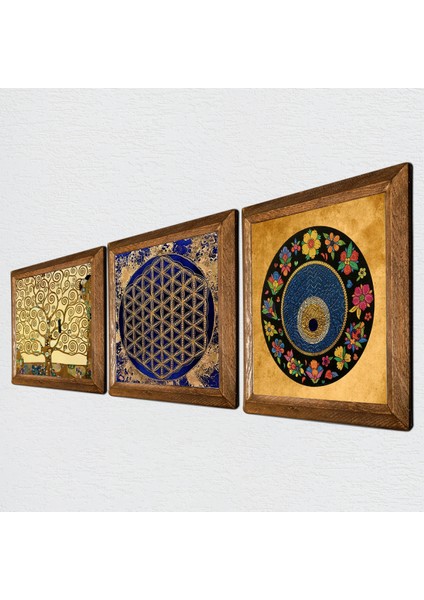 Yaşam Çiçeği, Nazar Boncuğu, Gustav Klimt Hayat Ağacı Taş Duvar Tablosu Ahşap Çerçeveli Duvar Dekoru 3 Parça Tablo Seti Wall Art W3-359 fiyatları