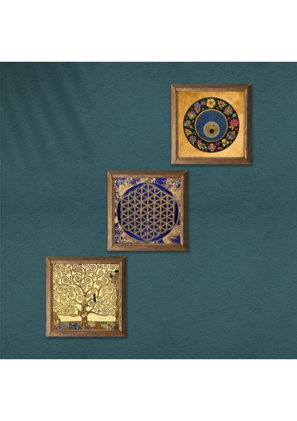 Yaşam Çiçeği, Nazar Boncuğu, Gustav Klimt Hayat Ağacı Taş Duvar Tablosu Ahşap Çerçeveli Duvar Dekoru 3 Parça Tablo Seti Wall Art W3-359 modelleri