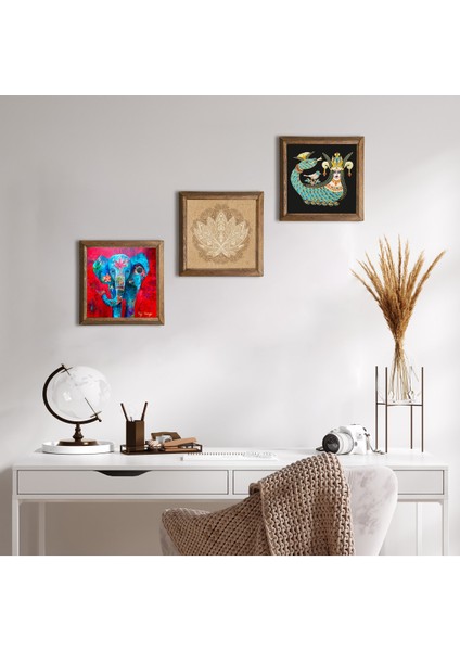 Stone Fil, Lotus Çiçeği, Şahmeran Ahşap Çerçeveli Taş Duvar Tablosu 3’lü Set – 25x25 cm Dekoratif Modern Sanat – Ev ve Ofis Dekoru |W3-360|