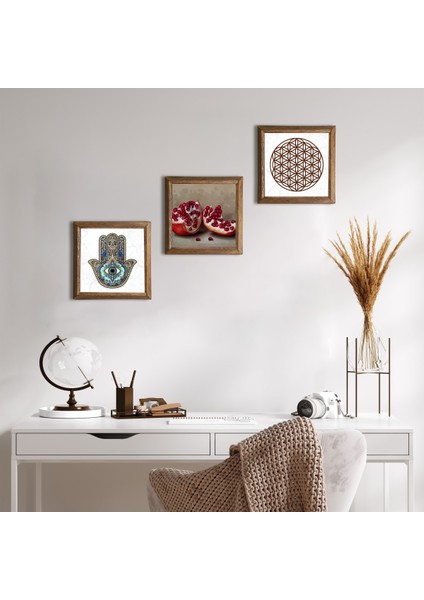 Yaşam Çiçeği, Nar, Fatma Ana Eli (Hamsa) Ahşap Çerçeveli Taş Duvar Tablosu 3’lü Set – 25x25 cm Dekoratif Modern Sanat – Ev ve Ofis Dekoru |W3-742|