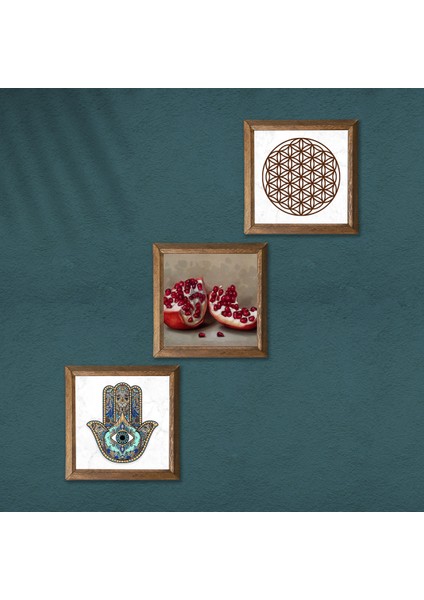Yaşam Çiçeği, Nar, Fatma Ana Eli (Hamsa) Ahşap Çerçeveli Taş Duvar Tablosu 3’lü Set – 25x25 cm Dekoratif Modern Sanat – Ev ve Ofis Dekoru |W3-742| modelleri