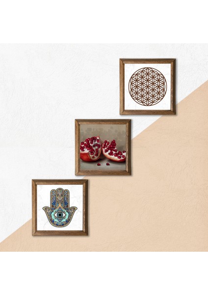 Yaşam Çiçeği, Nar, Fatma Ana Eli (Hamsa) Ahşap Çerçeveli Taş Duvar Tablosu 3’lü Set – 25x25 cm Dekoratif Modern Sanat – Ev ve Ofis Dekoru |W3-742| indirimleri
