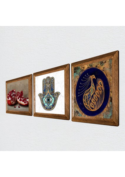 Tavus Kuşu, Nar, Fatma Ana Eli (Hamsa) Taş Duvar Tablosu Ahşap Çerçeveli Duvar Dekoru 3 Parça Tablo Seti Wall Art W3-749