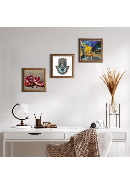 Van Gogh Kafe Terasta Gece, Nar, Fatma Ana Eli (Hamsa) Taş Duvar Tablosu Ahşap Çerçeveli Duvar Dekoru 3 Parça Tablo Seti Wall Art W3-773
