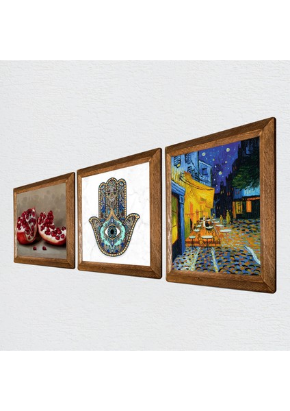 Van Gogh Kafe Terasta Gece, Nar, Fatma Ana Eli (Hamsa) Taş Duvar Tablosu Ahşap Çerçeveli Duvar Dekoru 3 Parça Tablo Seti Wall Art W3-773