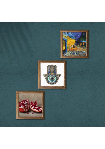 Van Gogh Kafe Terasta Gece, Nar, Fatma Ana Eli (Hamsa) Taş Duvar Tablosu Ahşap Çerçeveli Duvar Dekoru 3 Parça Tablo Seti Wall Art W3-773