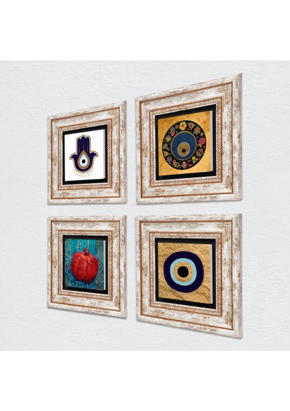 Fatma Ana Eli (Hamsa), Nazar, Nar Taş Duvar Tablosu Çerçeveli Duvar Dekoru 4 Parça Tablo Seti Wall Art T4-1808 fiyatları