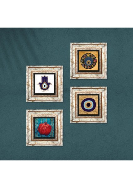 Fatma Ana Eli (Hamsa), Nazar, Nar Taş Duvar Tablosu Çerçeveli Duvar Dekoru 4 Parça Tablo Seti Wall Art T4-1808 fırsatları