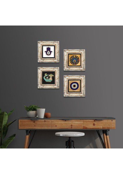 Fatma Ana Eli (Hamsa), Nazar, Şahmeran Taş Duvar Tablosu Çerçeveli Duvar Dekoru 4 Parça Tablo Seti Wall Art T4-1812