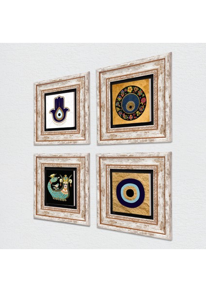 Fatma Ana Eli (Hamsa), Nazar, Şahmeran Taş Duvar Tablosu Çerçeveli Duvar Dekoru 4 Parça Tablo Seti Wall Art T4-1812
