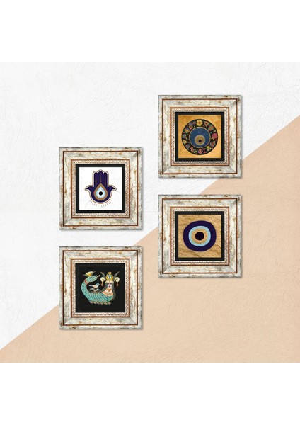 Fatma Ana Eli (Hamsa), Nazar, Şahmeran Taş Duvar Tablosu Çerçeveli Duvar Dekoru 4 Parça Tablo Seti Wall Art T4-1812