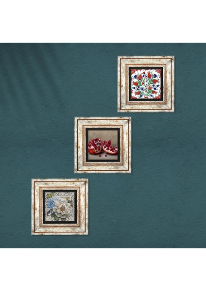 Stone Çini Sanatı Lale, Kelebekli Çiçek, Nar Çerçeveli Taş Duvar Tablosu 3’lü Set - Dekoratif Modern Sanat, Ev ve Ofis Dekoru |TK3-1167| fırsatları