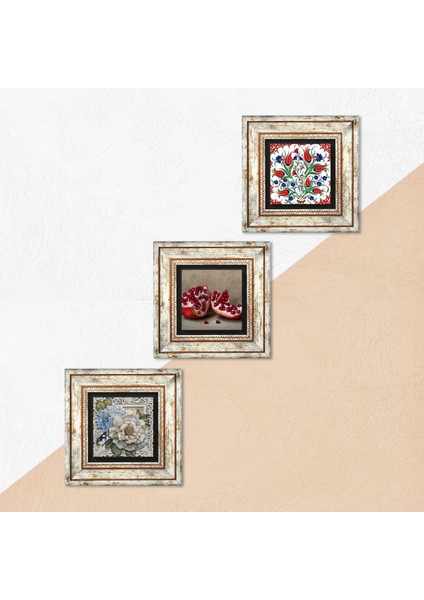 Stone Çini Sanatı Lale, Kelebekli Çiçek, Nar Çerçeveli Taş Duvar Tablosu 3’lü Set - Dekoratif Modern Sanat, Ev ve Ofis Dekoru |TK3-1167| indirimleri