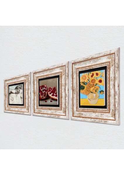 Van Gogh On İki Ayçiçekli Vazo, Da Vinci At Heykeli, Nar Taş Duvar Tablosu Çerçeveli Duvar Dekoru 3 Parça Tablo Seti Wall Art T3-1340