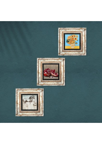 Van Gogh On İki Ayçiçekli Vazo, Da Vinci At Heykeli, Nar Taş Duvar Tablosu Çerçeveli Duvar Dekoru 3 Parça Tablo Seti Wall Art T3-1340