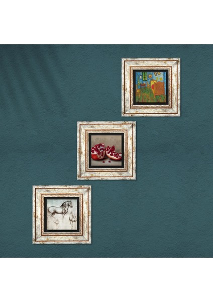 Van Gogh Yatak Odası, Leonardo da Vinci At Heykeli, Nar Taş Duvar Tablosu Çerçeveli Duvar Dekoru 3 Parça Tablo Seti Wall Art T3-1343