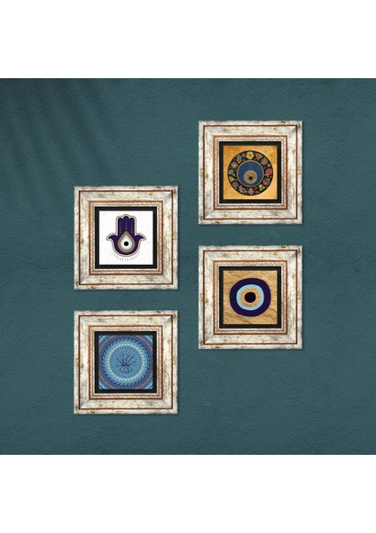 Stone Fatma Ana Eli (Hamsa), Nazar Çerçeveli Taş Duvar Tablosu 4’lü Set - Dekoratif Modern Sanat, Ev ve Ofis Dekoru |TK4-1834| fırsatları