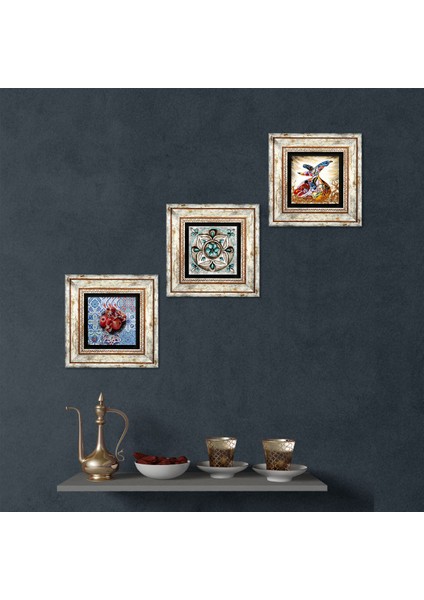 Çini Sanatı, Semazen, Nar Taş Duvar Tablosu Çerçeveli Duvar Dekoru 3 Parça Tablo Seti Wall Art T3-266