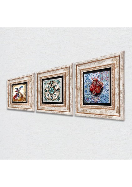 Çini Sanatı, Semazen, Nar Taş Duvar Tablosu Çerçeveli Duvar Dekoru 3 Parça Tablo Seti Wall Art T3-266