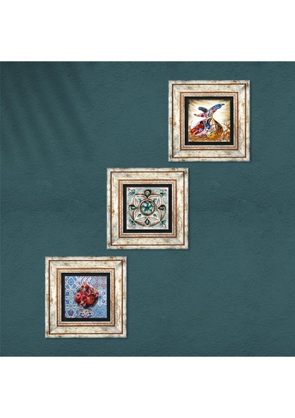 Çini Sanatı, Semazen, Nar Taş Duvar Tablosu Çerçeveli Duvar Dekoru 3 Parça Tablo Seti Wall Art T3-266