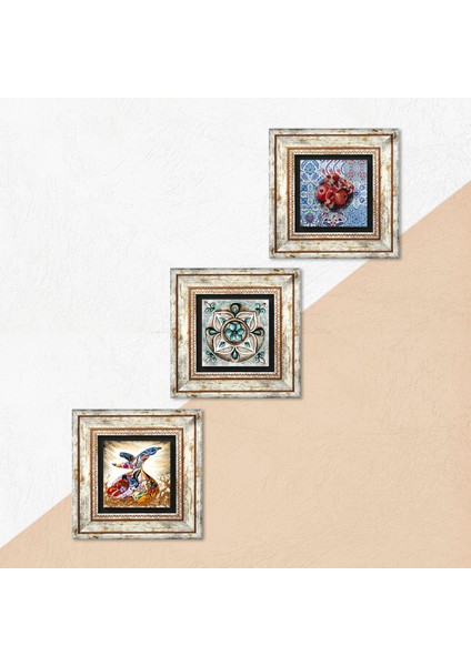 Çini Sanatı, Semazen, Nar Taş Duvar Tablosu Çerçeveli Duvar Dekoru 3 Parça Tablo Seti Wall Art T3-266