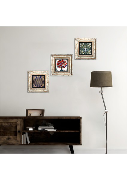 Hayat Ağacı, Yaşam Çiçeği, Nar Ağacı Taş Duvar Tablosu Çerçeveli Duvar Dekoru 3 Parça Tablo Seti Wall Art T3-344