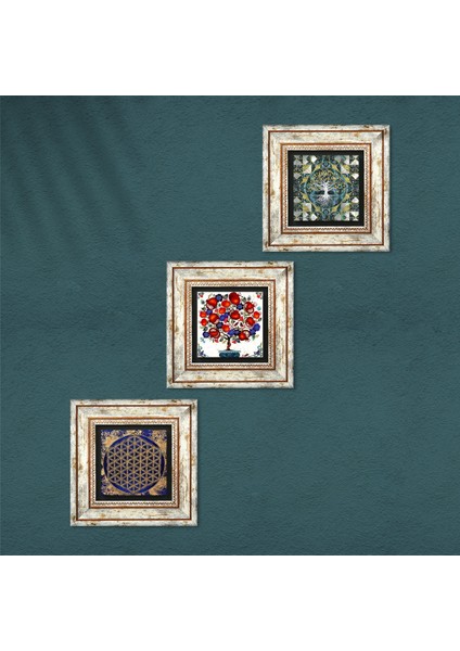 Hayat Ağacı, Yaşam Çiçeği, Nar Ağacı Taş Duvar Tablosu Çerçeveli Duvar Dekoru 3 Parça Tablo Seti Wall Art T3-344